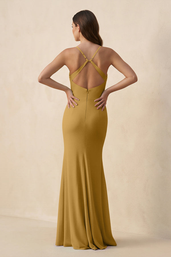 Marigold Cami Strap Sheath Chiffon Bridesmaid Dress with Slit (2) | KISSBRIDAL