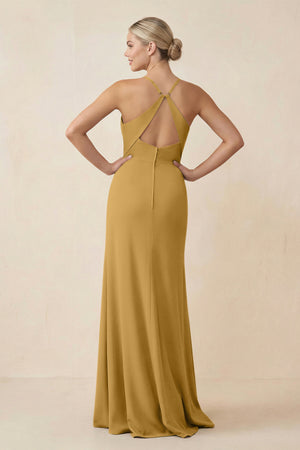 Marigold Cami Strap Sheath Ruched Bridesmaid Dress With Slit (2) | KISSBRIDAL