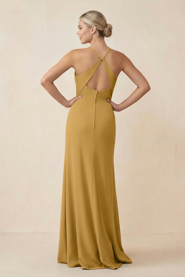 Marigold Cami Strap Sheath Ruched Bridesmaid Dress With Slit (2) | KISSBRIDAL