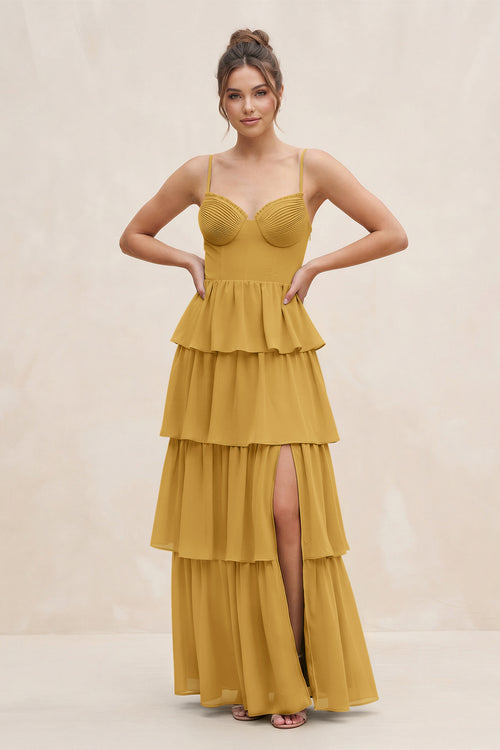 Marigold Cami Strap Tiered A-Line Chiffon Bridesmaid Dress | KISSBRIDAL
