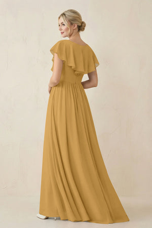 Marigold Cap Sleeve A-Line Ruffled Chiffon Bridesmaid Dress (2) | KISSBRIDAL
