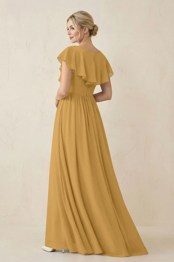 Marigold Cap Sleeve A-Line Ruffled Chiffon Bridesmaid Dress (2) | KISSBRIDAL