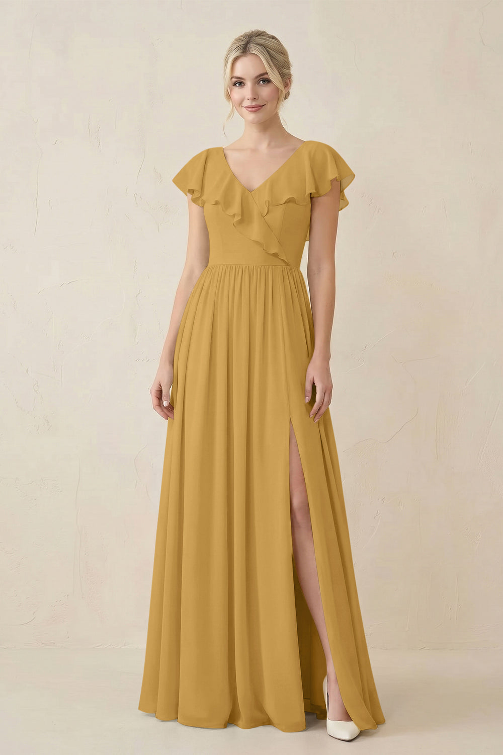 Cap Sleeve A-Line Ruffled Chiffon Bridesmaid Dress in Marigold