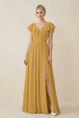 Marigold Cap Sleeve A-Line Ruffled Chiffon Bridesmaid Dress | KISSBRIDAL