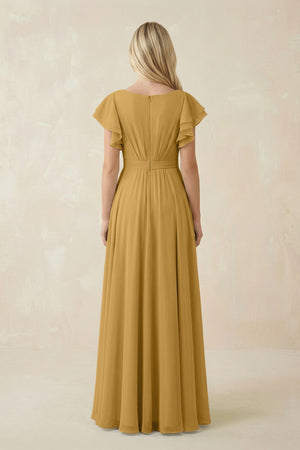 Marigold Cap Sleeve Ruffled A-Line Chiffon Bridesmaid Dress (2) | KISSBRIDAL