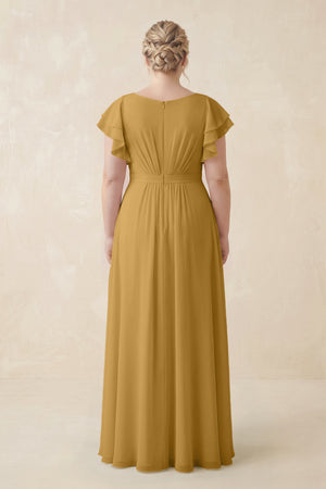 Marigold Cap Sleeve Ruffled A-Line Chiffon Bridesmaid Dress (2) | KISSBRIDAL