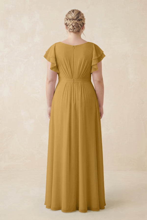 Marigold Cap Sleeve Ruffled A-Line Chiffon Bridesmaid Dress (2) | KISSBRIDAL
