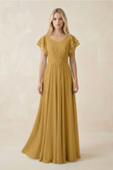 Marigold Cap Sleeve Ruffled A-Line Chiffon Bridesmaid Dress | KISSBRIDAL