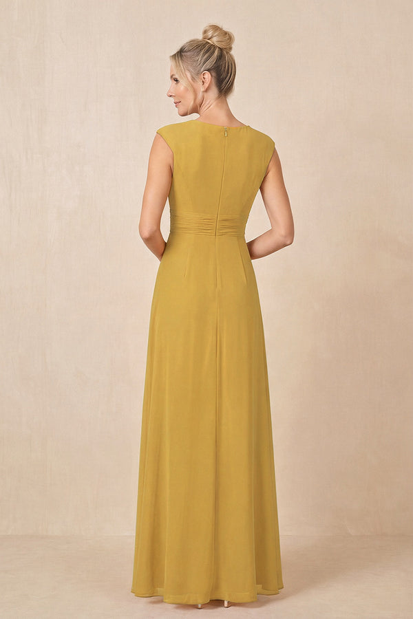 Marigold Cap Sleeves A-Line Chiffon Pleated Ruffled Mother of the Bride Dress (2) | KISSBRIDAL
