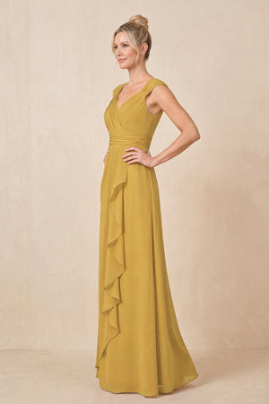 Marigold Cap Sleeves A-Line Chiffon Pleated Ruffled Mother of the Bride Dress (3) | KISSBRIDAL