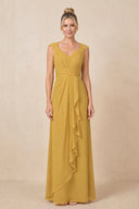 Marigold Cap Sleeves A-Line Chiffon Pleated Ruffled Mother of the Bride Dress | KISSBRIDAL