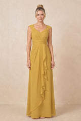 Marigold Cap Sleeves A-Line Chiffon Pleated Ruffled Mother of the Bride Dress | KISSBRIDAL