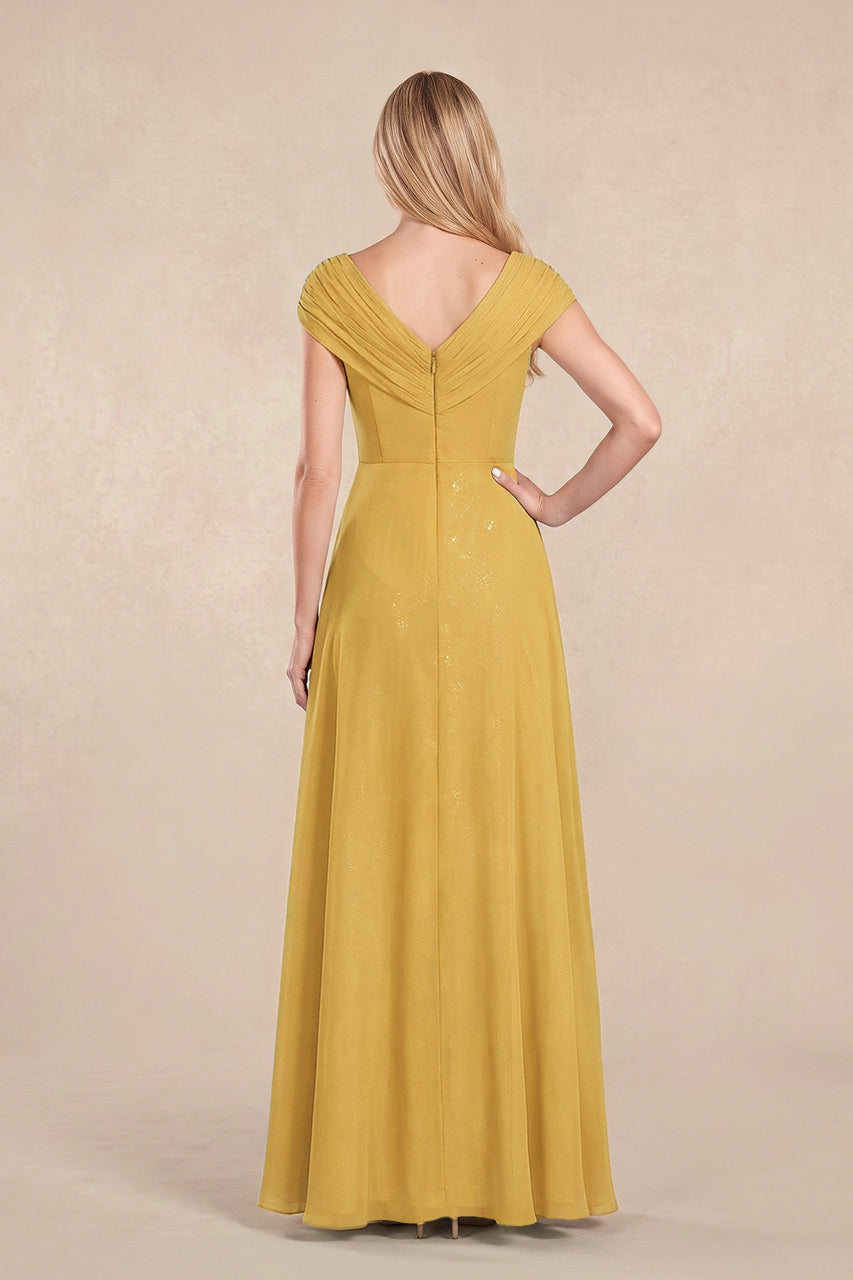 Marigold Cap Sleeves Chiffon A-Line Lace V-Neck Mother of the Bride Dress