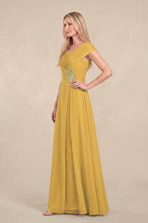Marigold Cap Sleeves Chiffon A-Line Lace V-Neck Mother of the Bride Dress (3) | KISSBRIDAL