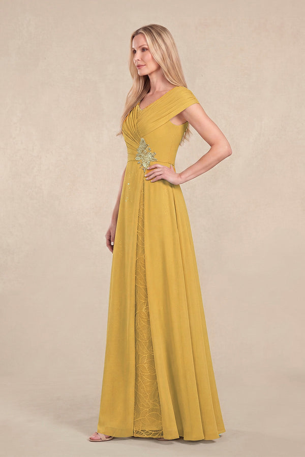 Marigold Cap Sleeves Chiffon A-Line Lace V-Neck Mother of the Bride Dress (3) | KISSBRIDAL