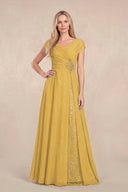 Marigold Cap Sleeves Chiffon A-Line Lace V-Neck Mother of the Bride Dress | KISSBRIDAL