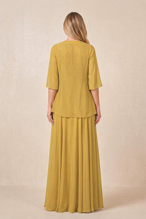 Marigold Cape Sleeves A-Line Chiffon Scoop Neck Embroidered Mother of the Bride Dress (2) | KISSBRIDAL