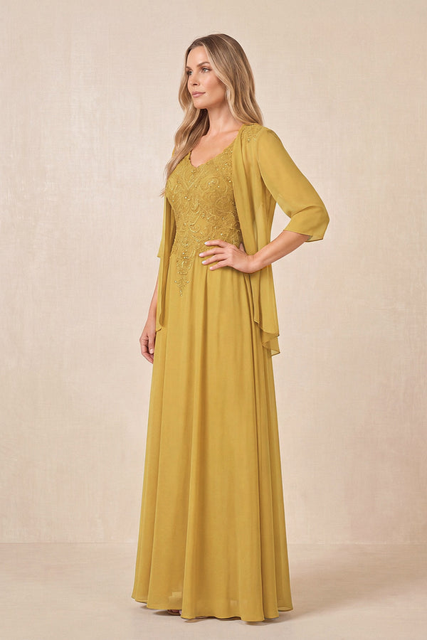 Marigold Cape Sleeves A-Line Chiffon Scoop Neck Embroidered Mother of the Bride Dress (3) | KISSBRIDAL