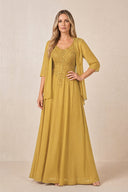 Marigold Cape Sleeves A-Line Chiffon Scoop Neck Embroidered Mother of the Bride Dress | KISSBRIDAL