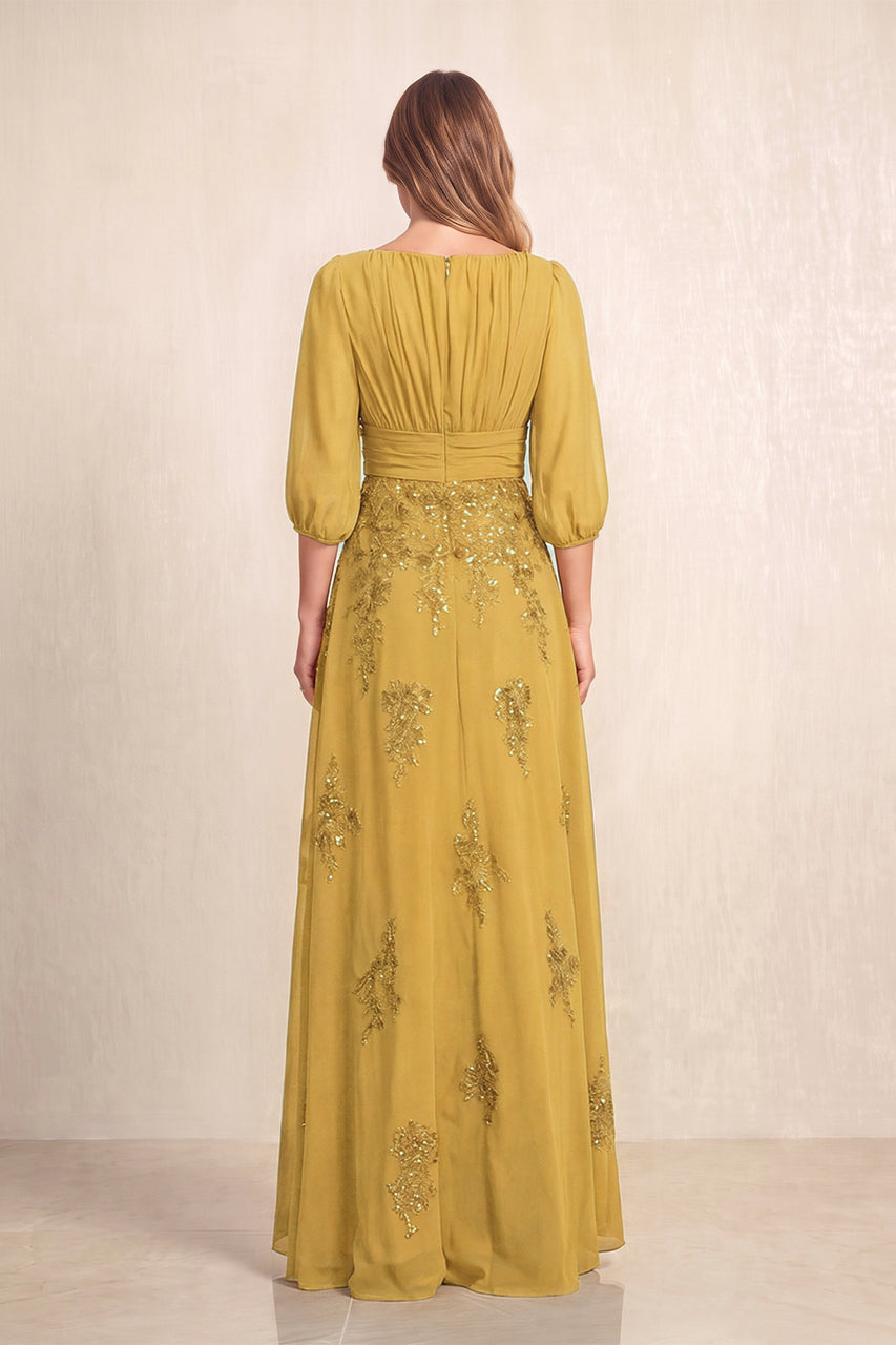 Marigold Chiffon A-Line Embroidered Boat Neck Long Mother of the Bride Dress