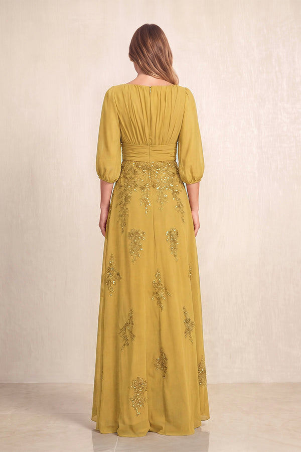 Marigold Chiffon A-Line Embroidered Boat Neck Long Mother of the Bride Dress (2) | KISSBRIDAL