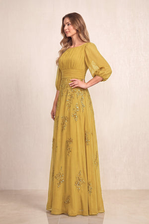 Marigold Chiffon A-Line Embroidered Boat Neck Long Mother of the Bride Dress (3) | KISSBRIDAL