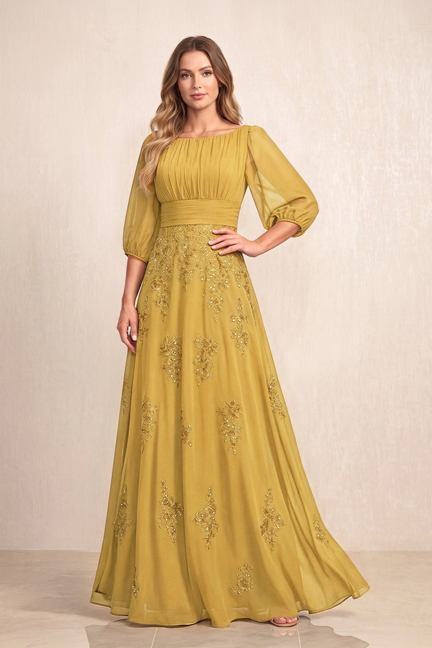 Marigold Chiffon A-Line Embroidered Boat Neck Long Mother of the Bride Dress
