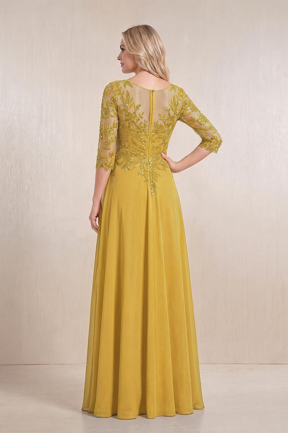 Marigold Chiffon A-Line Embroidered Mother of the Bride Dress With Sleeves
