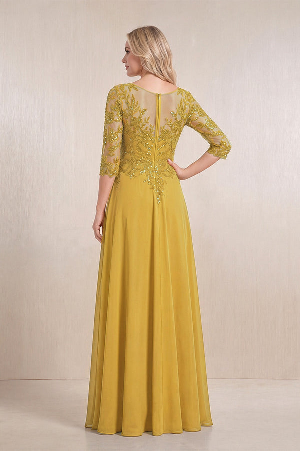 Marigold Chiffon A-Line Embroidered Mother of the Bride Dress With Sleeves (2) | KISSBRIDAL
