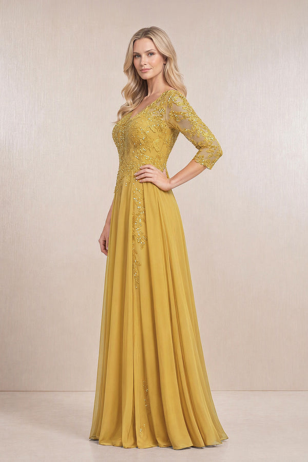 Marigold Chiffon A-Line Embroidered Mother of the Bride Dress With Sleeves (3) | KISSBRIDAL