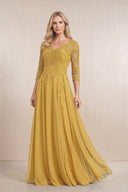 Marigold Chiffon A-Line Embroidered Mother of the Bride Dress With Sleeves | KISSBRIDAL