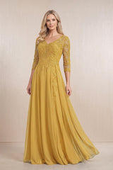 Marigold Chiffon A-Line Embroidered Mother of the Bride Dress With Sleeves | KISSBRIDAL