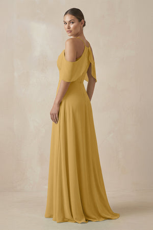 Marigold Chiffon A-Line Long Bridesmaid Dress (2) | KISSBRIDAL