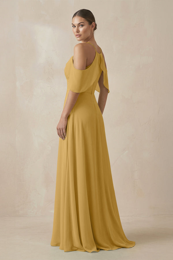 Marigold Chiffon A-Line Long Bridesmaid Dress (2) | KISSBRIDAL