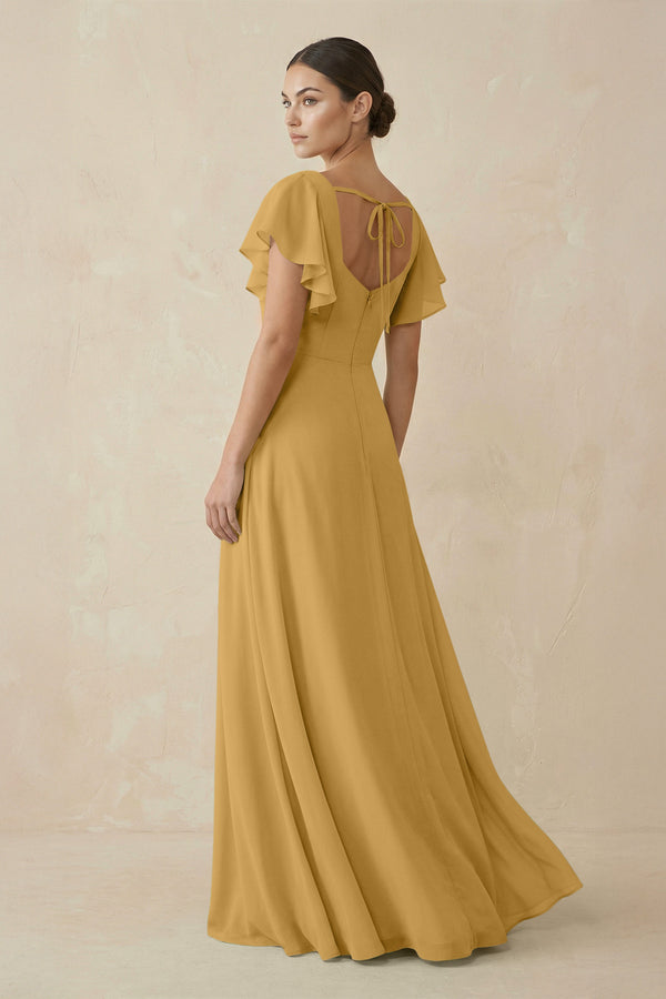 Marigold Chiffon A-Line Long Bridesmaid Dress with Flutter Sleeves (2) | KISSBRIDAL