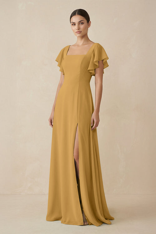 Marigold Chiffon A-Line Long Bridesmaid Dress with Flutter Sleeves | KISSBRIDAL