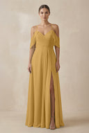 Marigold Chiffon A-Line Long Bridesmaid Dress | KISSBRIDAL