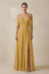 Marigold Chiffon A-Line Long Bridesmaid Dress | KISSBRIDAL