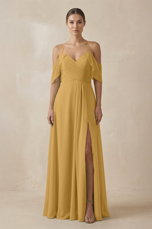 Marigold Chiffon A-Line Long Bridesmaid Dress | KISSBRIDAL