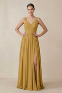Marigold Chiffon A-Line Pleated Bridesmaid Dress | KISSBRIDAL