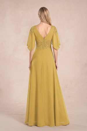 Marigold Chiffon Lone Sleeves A-Line V-Neck Embroidered Mother of the Bride Dress (2) | KISSBRIDAL