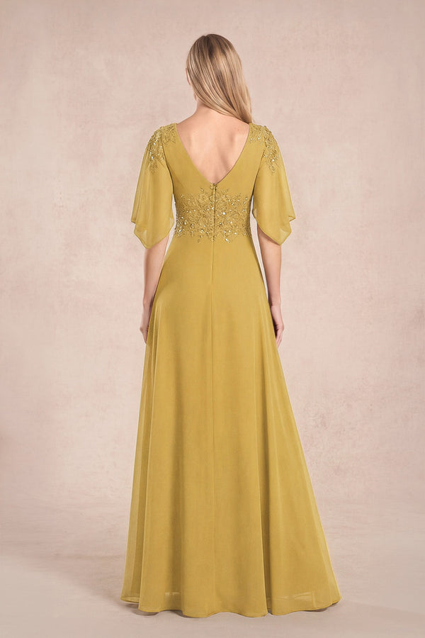Marigold Chiffon Lone Sleeves A-Line V-Neck Embroidered Mother of the Bride Dress (2) | KISSBRIDAL
