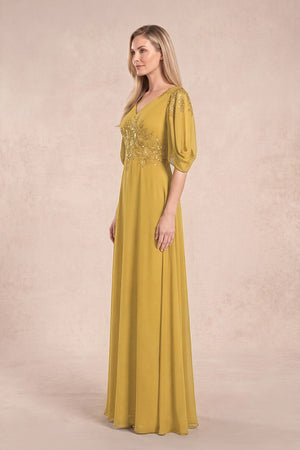 Marigold Chiffon Lone Sleeves A-Line V-Neck Embroidered Mother of the Bride Dress (3) | KISSBRIDAL