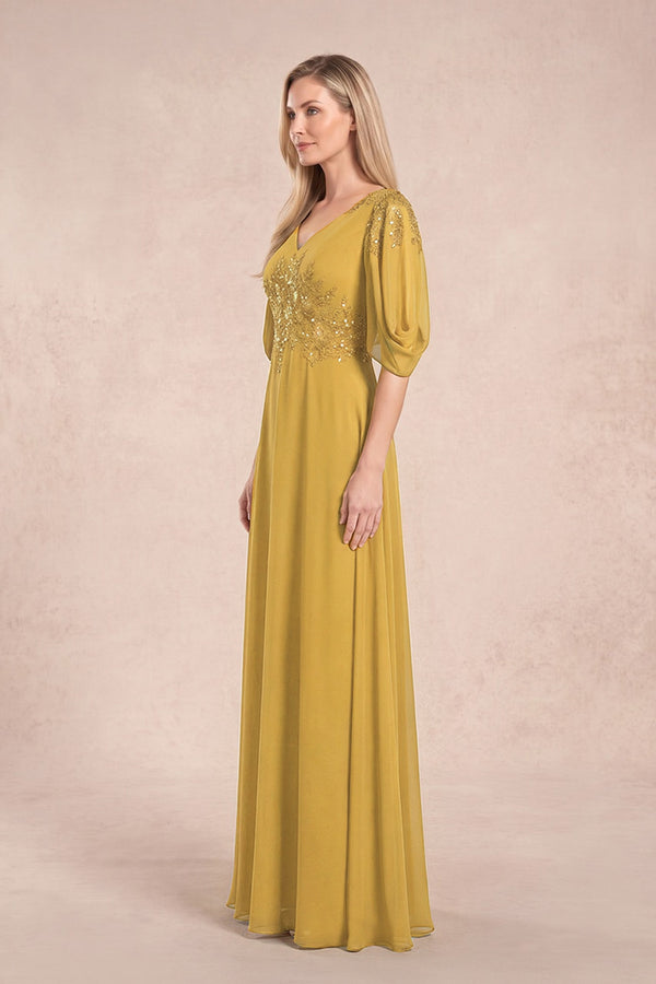 Marigold Chiffon Lone Sleeves A-Line V-Neck Embroidered Mother of the Bride Dress (3) | KISSBRIDAL