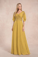 Marigold Chiffon Lone Sleeves A-Line V-Neck Embroidered Mother of the Bride Dress | KISSBRIDAL