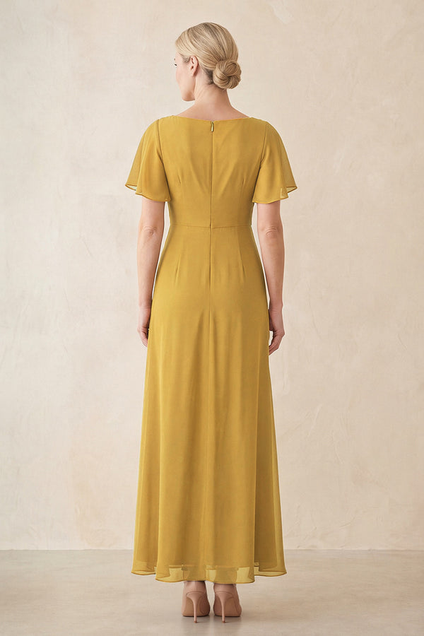 Marigold Chiffon Ruched A-Line Ruffled Sleeves Midi Mother of the Bride Dress (2) | KISSBRIDAL