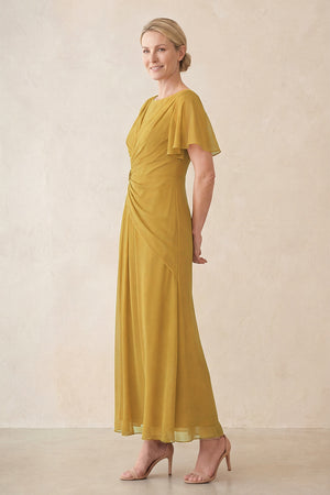 Marigold Chiffon Ruched A-Line Ruffled Sleeves Midi Mother of the Bride Dress (3) | KISSBRIDAL