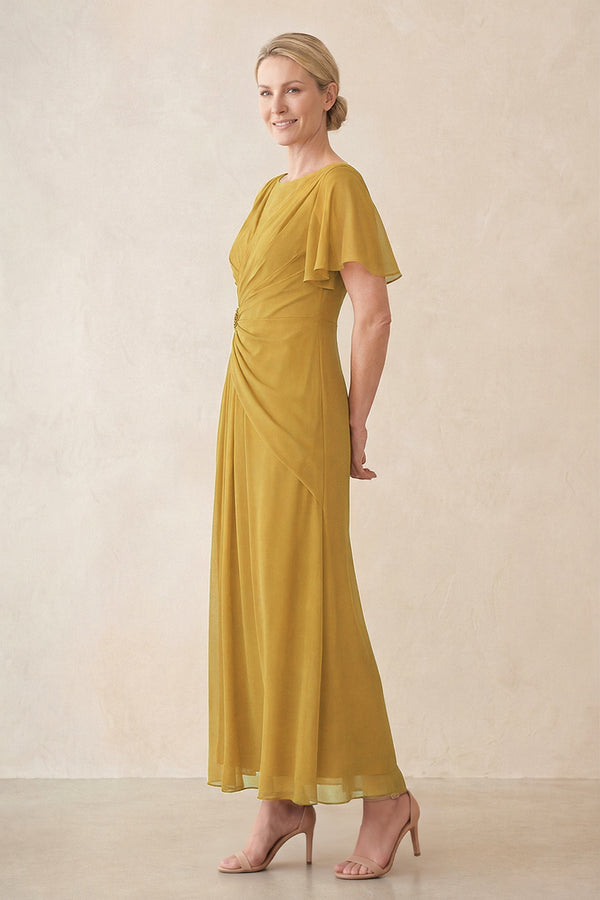 Marigold Chiffon Ruched A-Line Ruffled Sleeves Midi Mother of the Bride Dress (3) | KISSBRIDAL