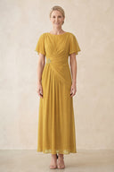 Marigold Chiffon Ruched A-Line Ruffled Sleeves Midi Mother of the Bride Dress | KISSBRIDAL