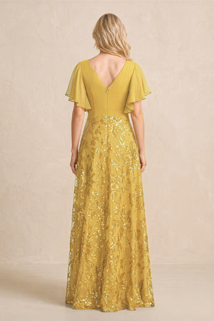 Marigold Chiffon V-Neck A-Line Embroidered Mother of the Bride Dress with Ruffled Sleeves (2) | KISSBRIDAL